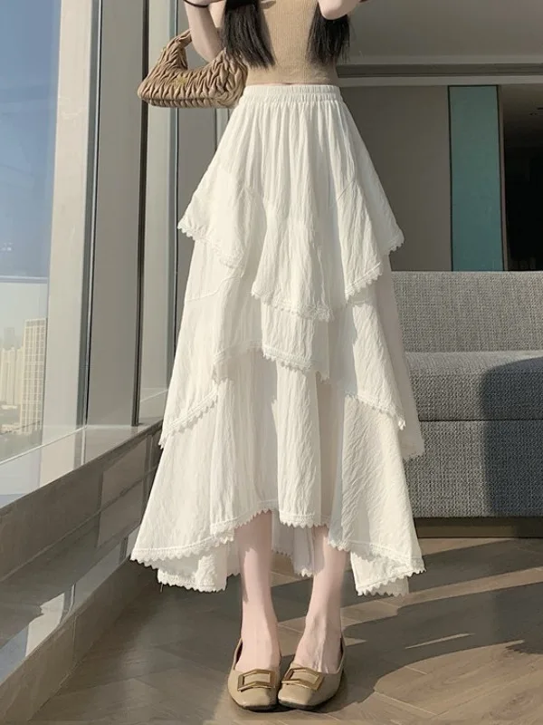 

Юбка А-силуэта с высокой талией и кружевной отделкой, средней длины, женская, весна-лето, новый стиль, стройнящая, универсальная, с цветочным принтом, длинная, многоярусная