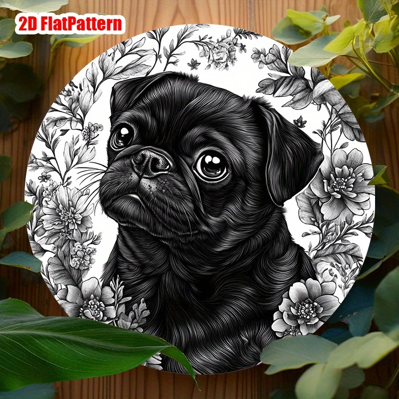2D Flat, 1 Black Pug Metal Sign, 8.0x8.0inch Round Aluminum Wall Art, Multi-functional Wall Decor, Suitable for Home, Office, Ba