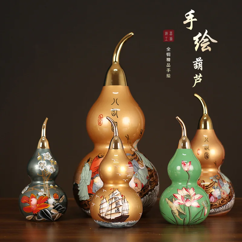 

Fengshui Pure Copper Painted Gourd Open Cover Hollow Chinese Absorb Health and Wealth Wu Lou Hu Lu Home Decoration Accessories