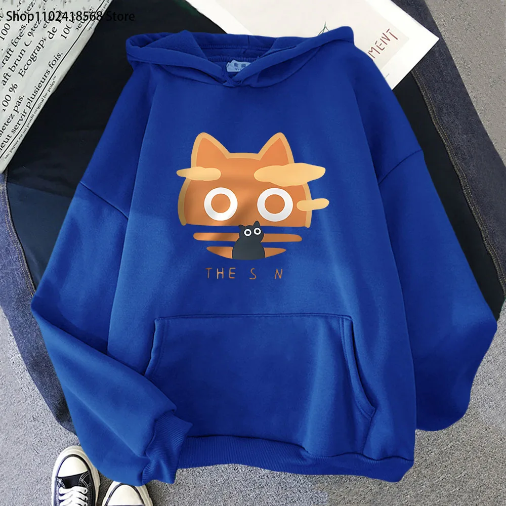 The Sun Orange Cat Graphic Hoodies Fun Long Sleeve Casual Y2k Clothes Long Sleeve Winter Fleece Tops Harajuku Men Women Pullover