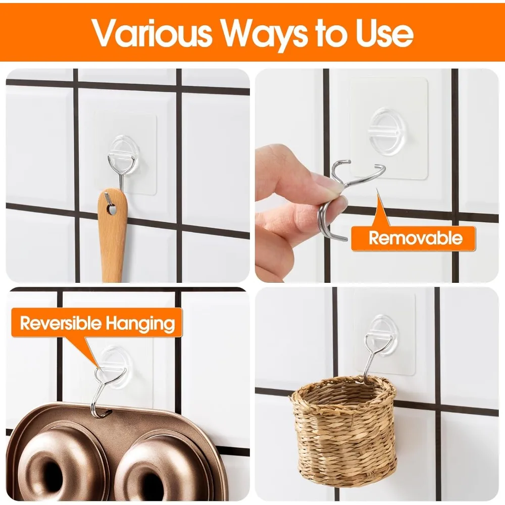 Heavy Duty Adhesive Wall Hooks 33lb Waterproof Rustproof Transparent Self Adhesive Hooks for Bathroom Kitchen Outdoor Home Improvement 24 Pack view 5