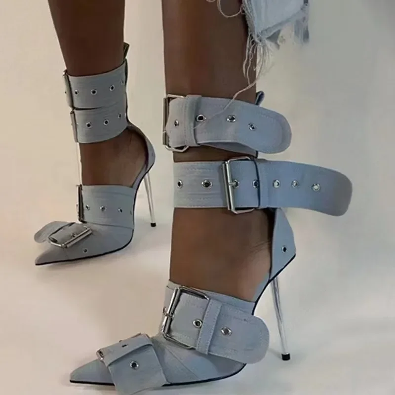 New Pointed Belt Buckle Rivet Metal Thin Heel Runway Roman Women's Boots Large Hollowed Out High Top Sandals for Women