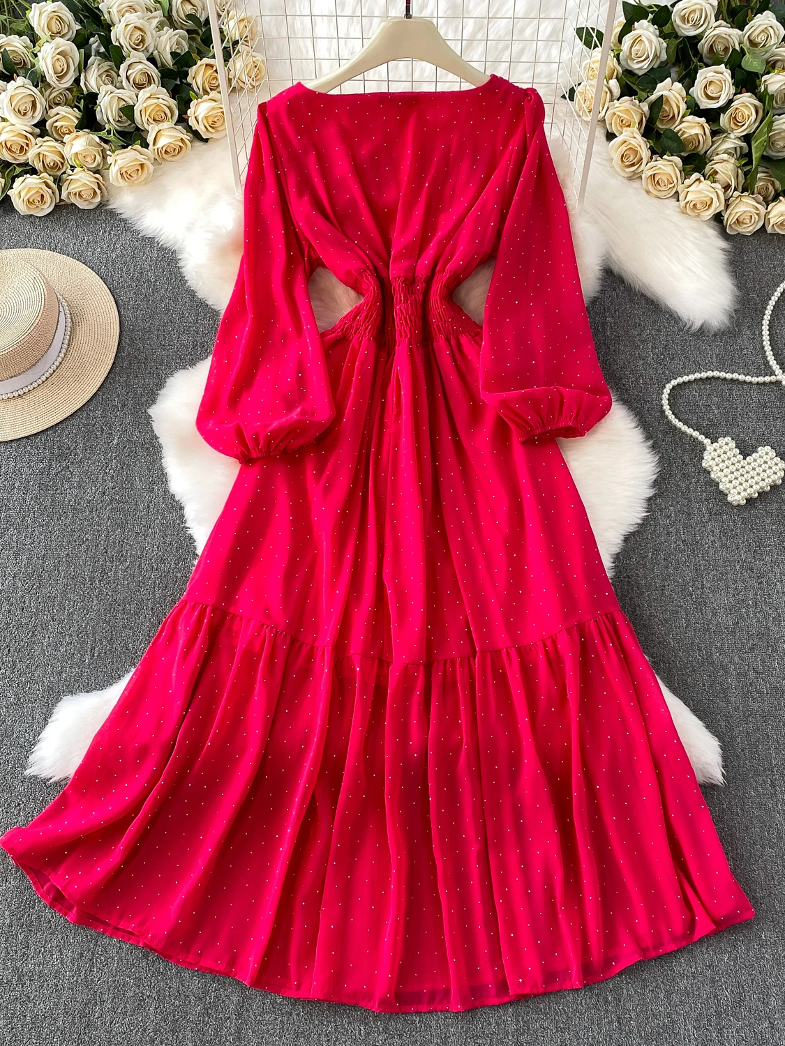 Ele High-End Sparkling Evening Dr Square Ne Long Skirt Women's Summer Elastic Pleated Waist Contraction Dr