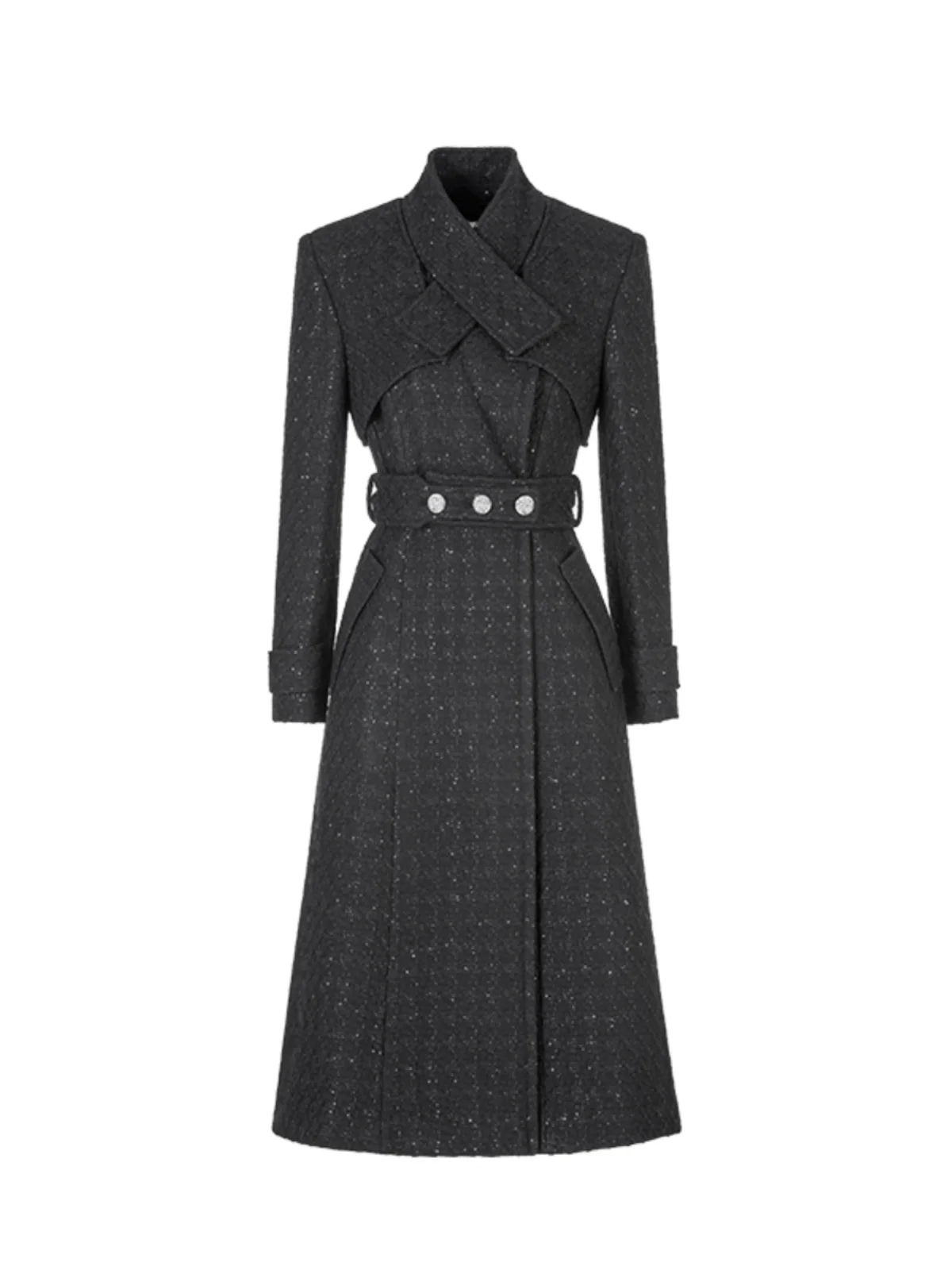 

Шерстяное пальто Maggie Ma Night Bla с 3D-декором, длинными рукавами, V-образным вырезом, для повседневной носки, из смесового полиэстера