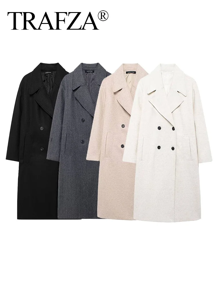 TRAFZA Women Winter Casual Wool Blend Notched Lapel Collar Coat Chic Double-breasted Trench Coats Oversized Female Long Jackets