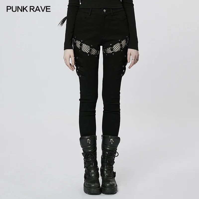 

PUNK RAVE Women's Punk Sexy Tight Long Pants Daily Mesh Cloth Hollow Out Splice Women Trouser Spring/autumn Streetwear