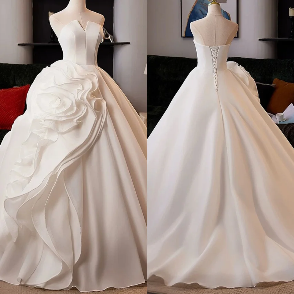 

Customized Exquisite White Chiffon Evening Dress Temperament Strapless Sleeveless Lace Up Back Flowers Special Occasion Gowns
