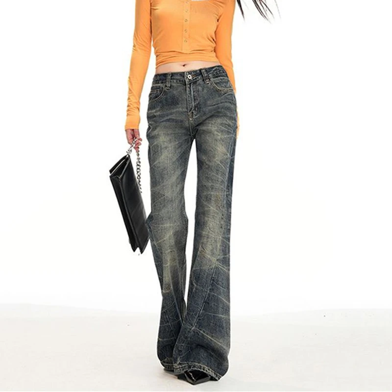 FINEWORDS Vintage Korean Easymatch Washed Flared Jeans Casual Push Up Jeans Streetwear High Waist Skinny Bell Bottom Jeans