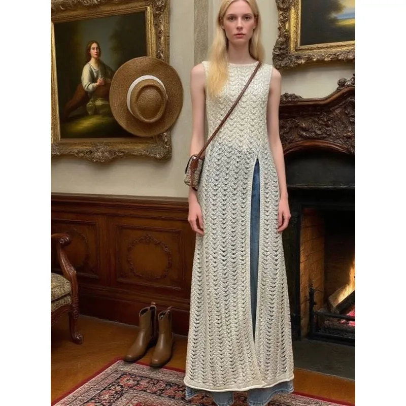 فستان نسائي صيفي محبوك مجوف مثير - تنورة طويلة بدون أكمام على طراز شاطئ ريترو، هوديي أنيق للعطلات البوهيمية6862