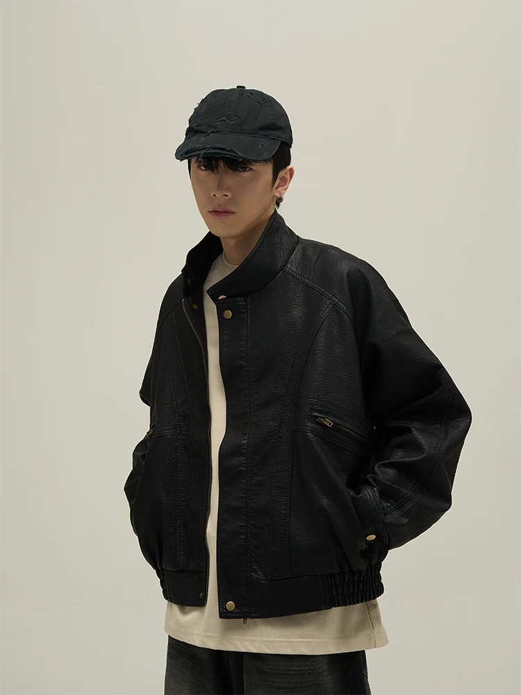 WLNEXT Spring Autumn American Retro Style Men's Jacket Couple's Leather Coat Loose Fit Multi Pocket No Ironing Processing