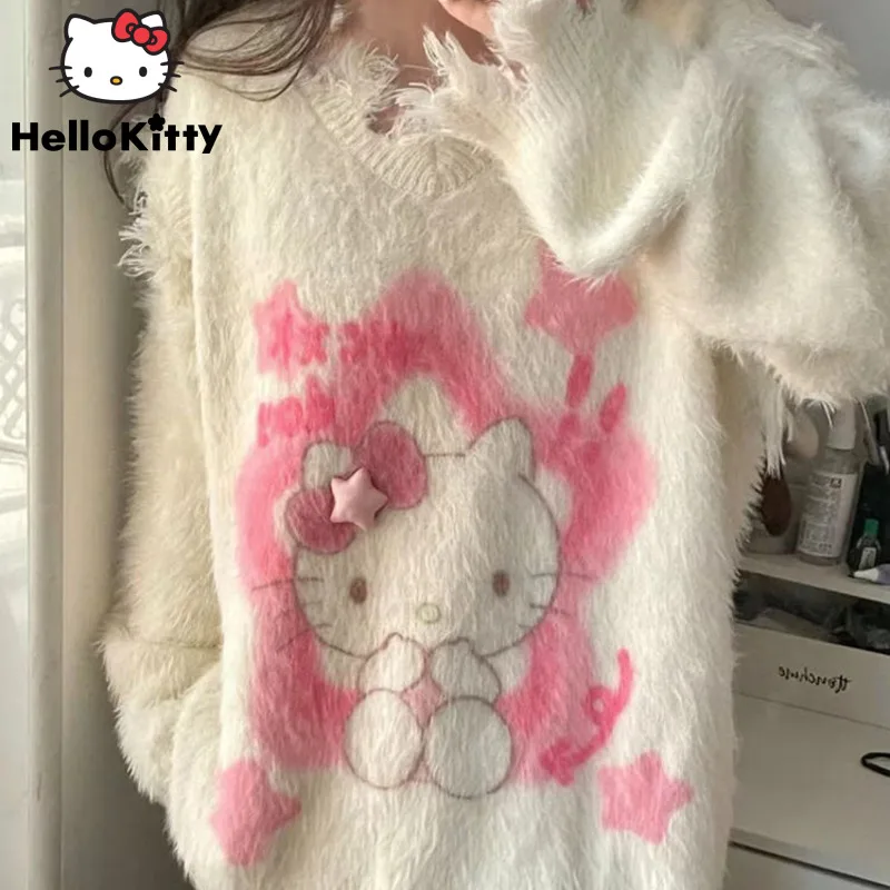 Sanrio Hello Kitty Pink Star Soft Sweater Academy Style Sweet Knit Top Shirts Women Aesthetic Pullover Y2k Anime Cute Sweatshirt