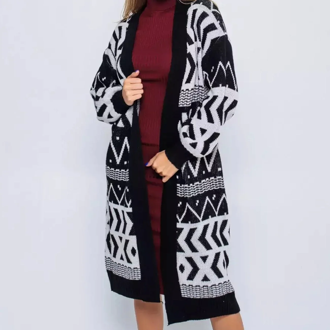 Vintage Color Block Cardigan Knitted Women Spring 2025 Spring Autumn Winter Jumpers Long Outerwear Maxi Y2k Sweater Coat Jacket