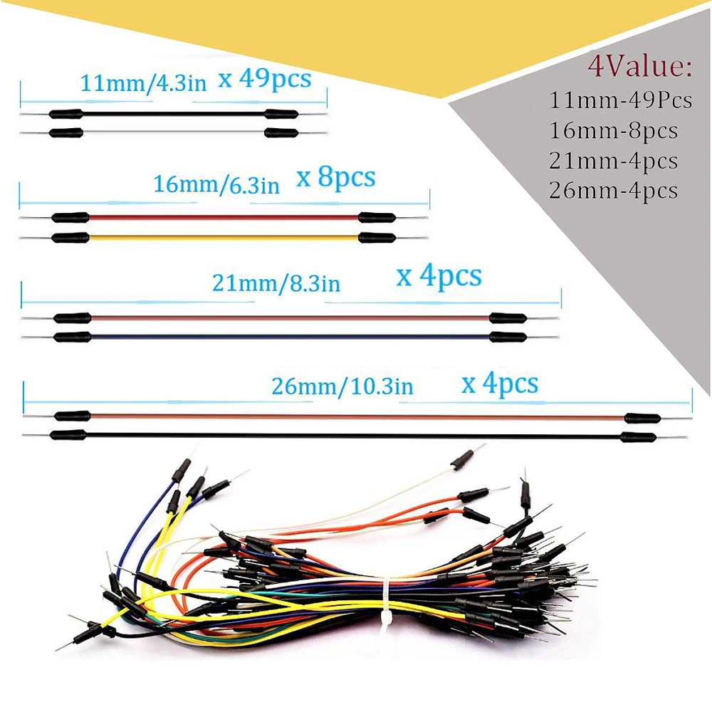 Breadboard Jumper Wire Kit con tavola per il pane a 400 punti + 65 pezzi di più dimensioni M/M Jumper Wire + 140 pezzi 2-125mm Jumper Wire