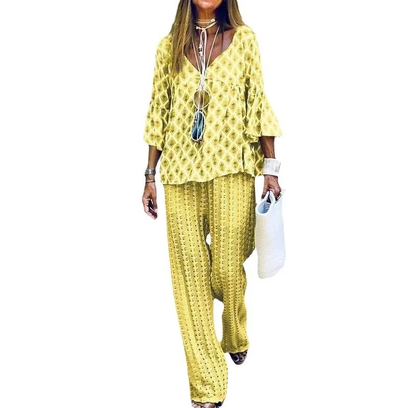 Traje elegante para mujer, Top con mangas acampanadas y pantalones de pierna ancha, conjunto de 2 piezas, ropa deportiva holgada informal con estampado para primavera y otoño para mujer