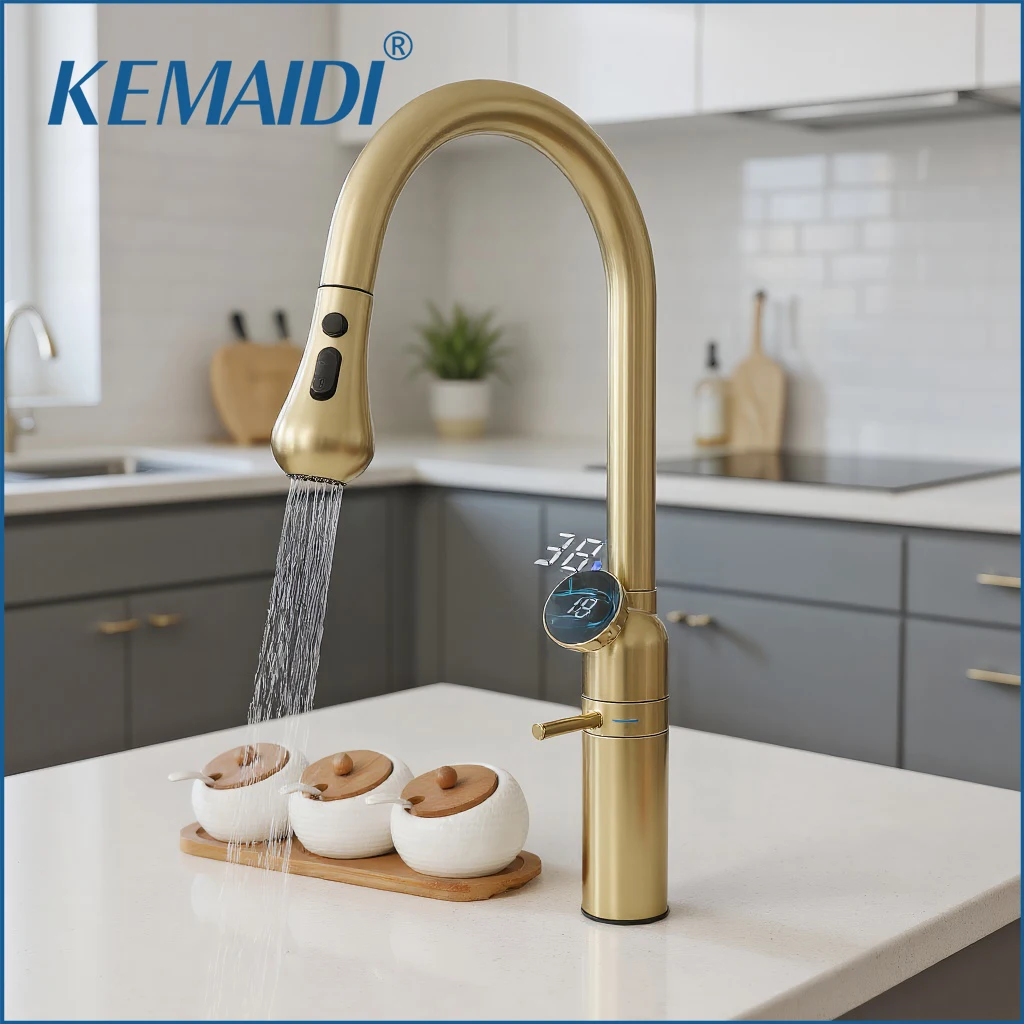 

KEMAIDI кухонный смеситель из матового золота, поворотные смесители на 360°, выдвижные смесители для раковины, светодиодный дисплей температуры, смеситель для горячей и холодной воды