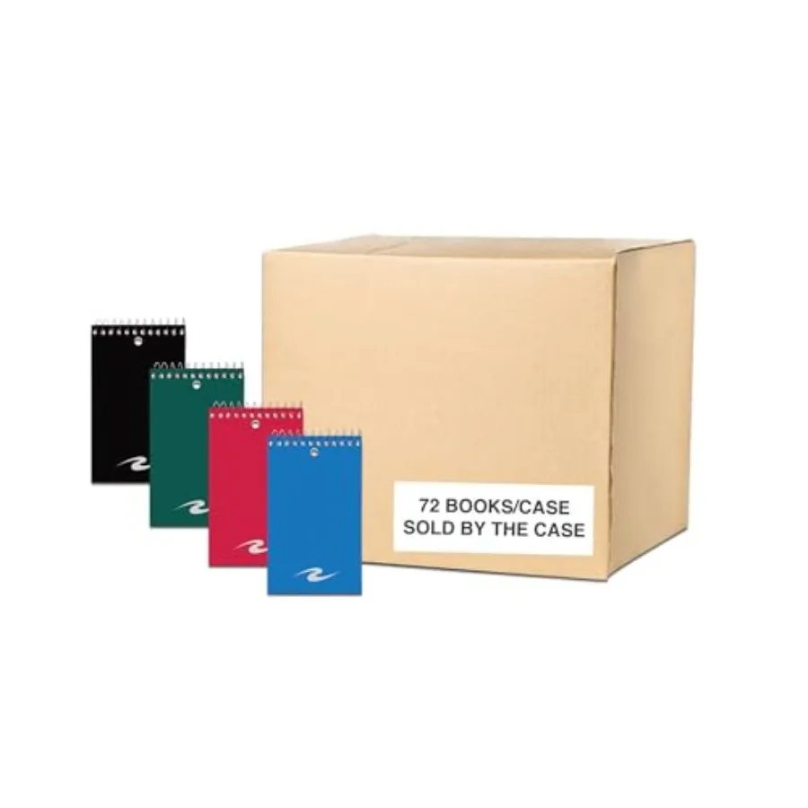 

Case of 72 Wirebound Memo Notebooks, 3"x5", 75 sheets of 15# Recycled White Paper, narrow Ruled, Assorted poly covers