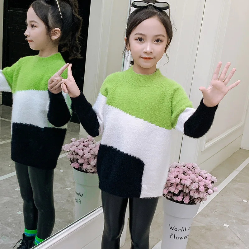 Girls Sweet Sweater Toddler Child Winter Spring Long Sleeve Clothes Teenage Crew Neck Knit Pullovers Kids Contrast Color Jumpers