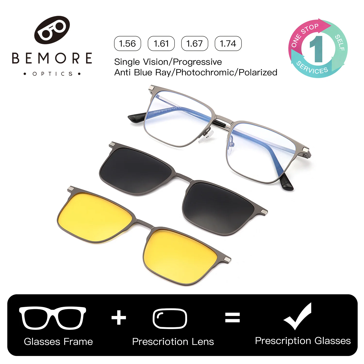 BEMORE Man Clip on Sunglasses Pilot Metal Alloy Reading Glasses Blue Light Filter Photochromic Grey Optical Eyeglasses