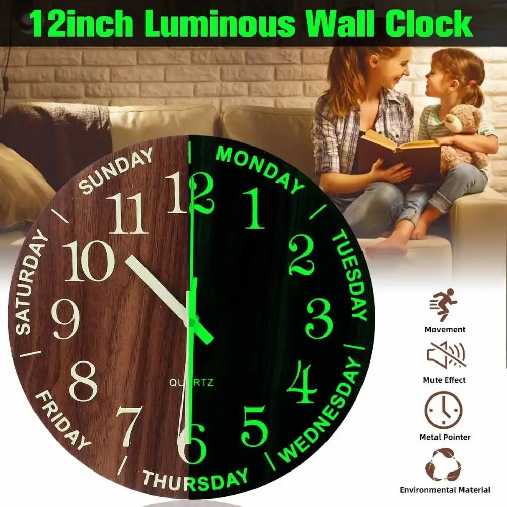 

Non-Ticking Luminous Wall Clock Silent Numerals&Hands Night Light Hanging Clock 12 Inch Time Accuracy Round Quartz Clock