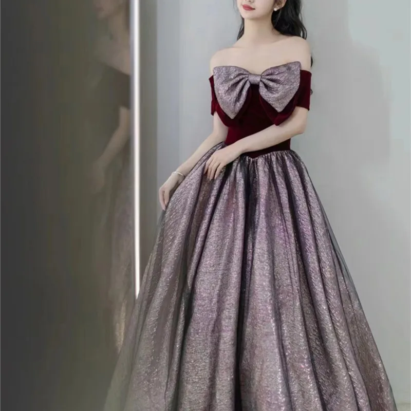 Hepburn style toasting wear shoulder new banquet coming-of-age ceremony out dress