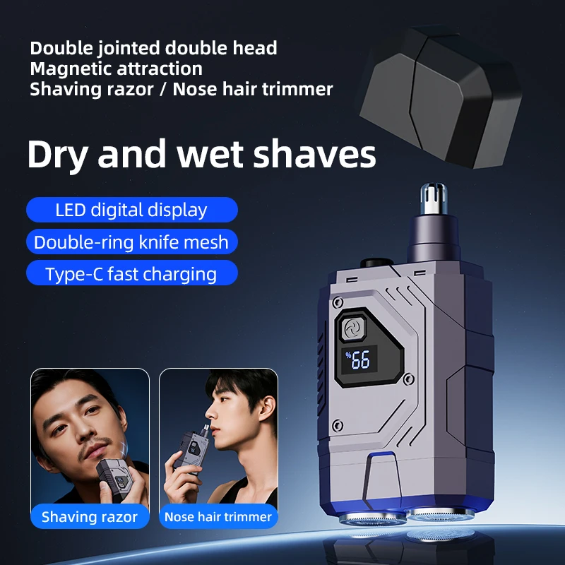 Magnetic Double Blade Electric Shaver for Men Mecha Punk Style Rechargeable LCD