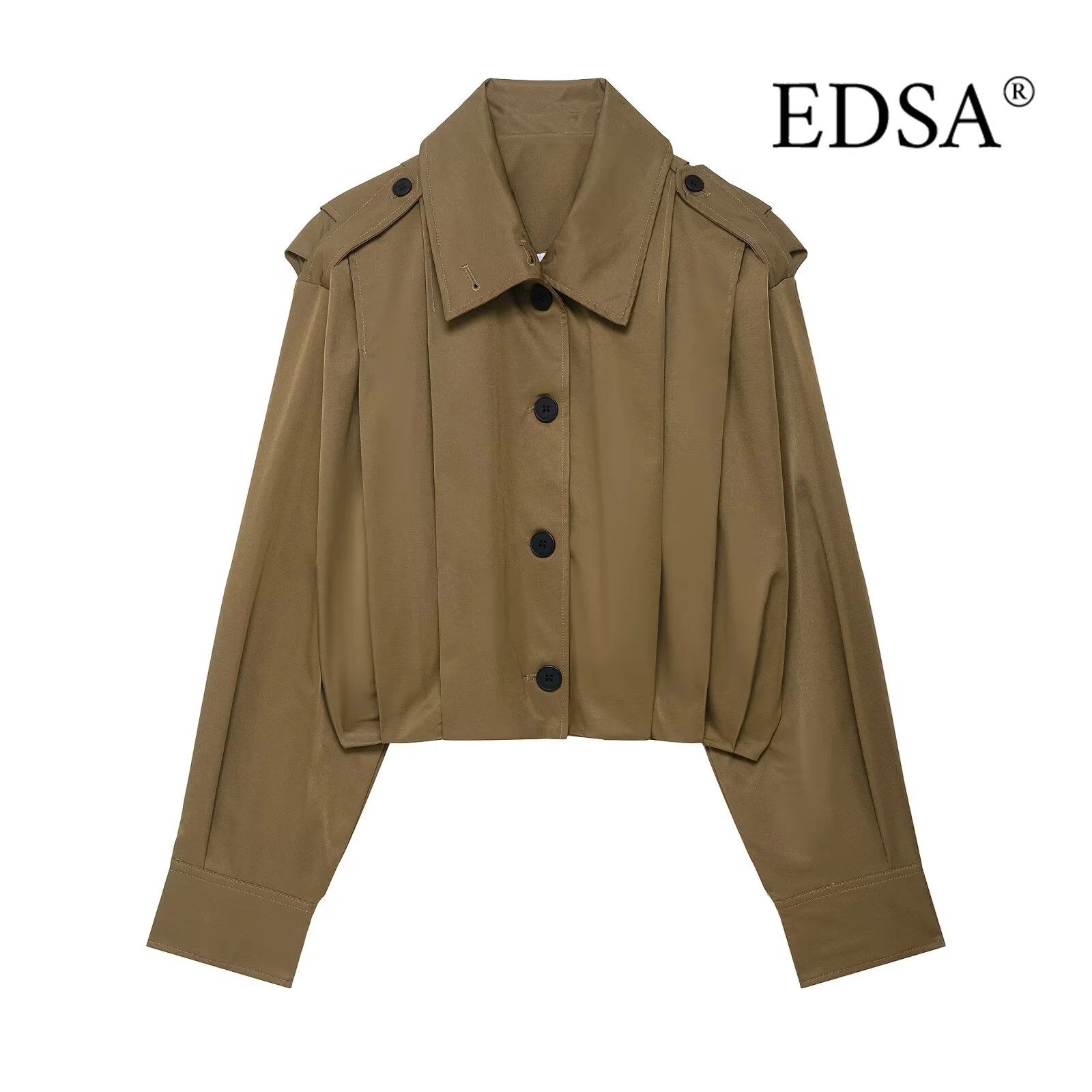 EDSA Women Pleated Jacket with Shoulder Pads Long SLeeves Turn-down Collar Single Breasted Spring Autumn Female Coat Outerwear