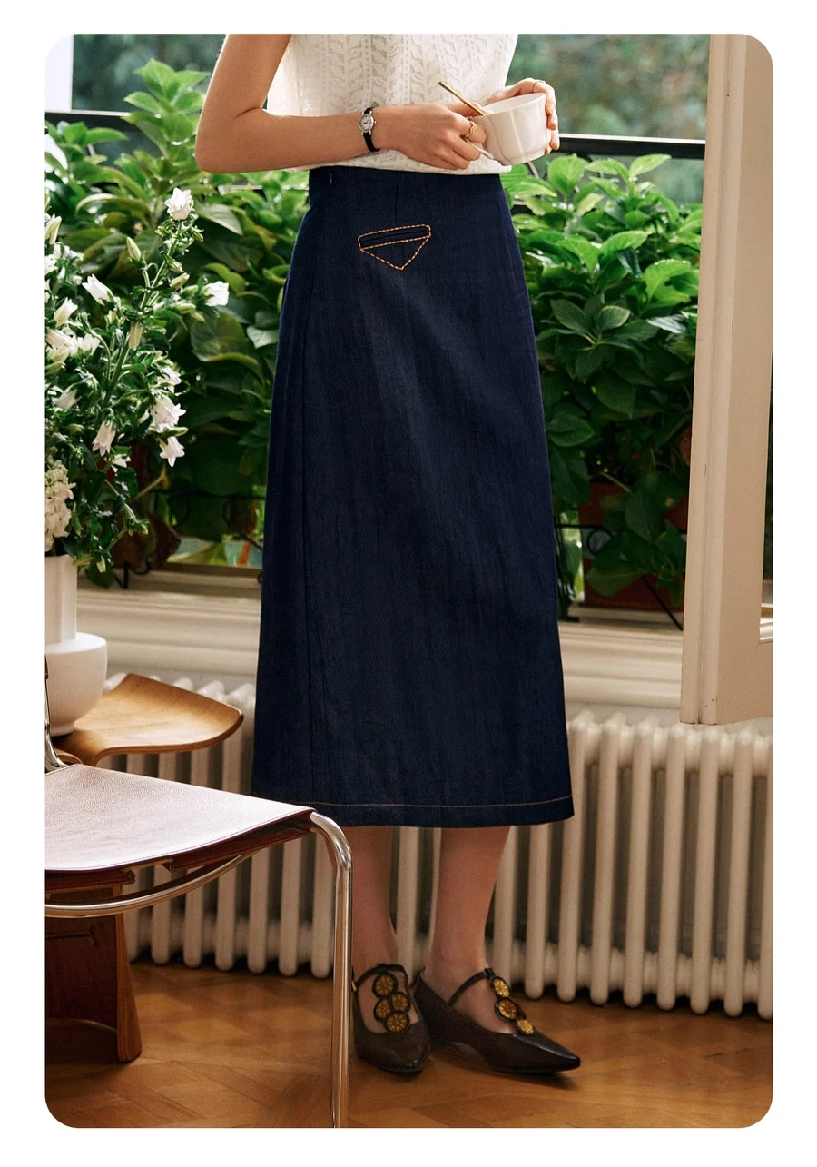 OLrain Embroidery Denim Skirt Women 2025 Spring Summer Straight Vintage Washed High-waist Workwear Midi Skirts N57CB95999