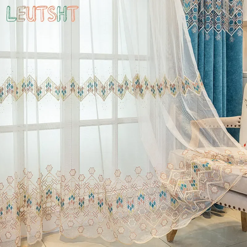 European Style Curtains for Living Dining Room Bedroom Chenille Curtain File Embroidery Tullw Blue Curtain Custom Sheer Curtains