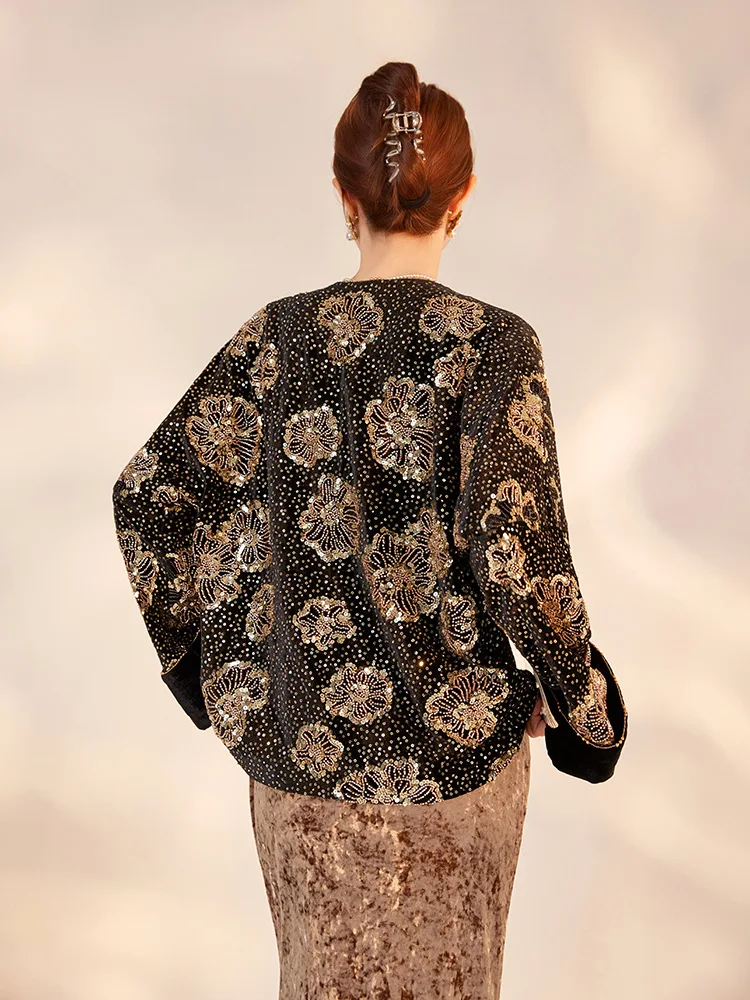 2024 New Chinese Style O-Neck Exquisite Beading+ Embroidery Brilliant and Dazzling Design Sense Luxury Coat for Women S-L