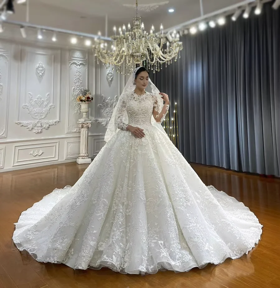 Customized Amanda Luxury High Neck Lace Wedding Dress Long Sleeves Floral Appliques Princess Ball Gown Amanda Novias Official