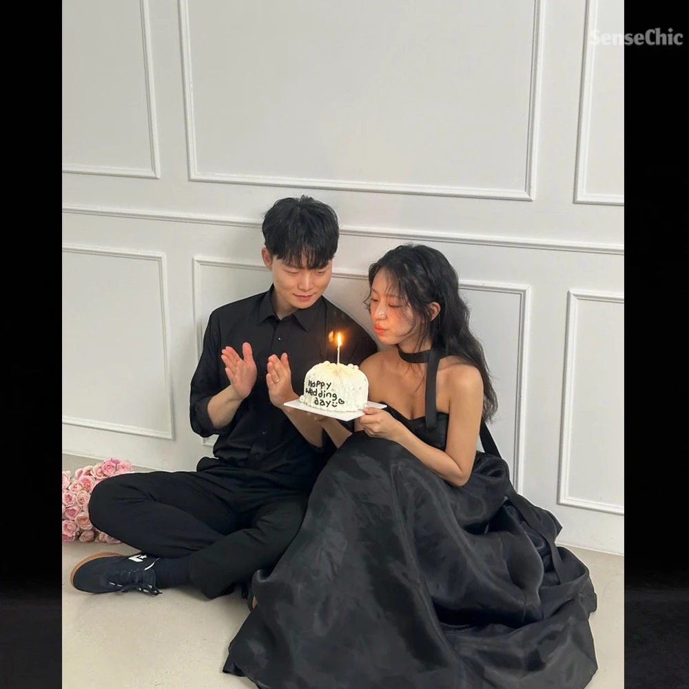 Vestidos de novia negros para novia 2025 Hada de satén Corea elegante hasta el suelo 한”. Abiti de novia Abito personalizado