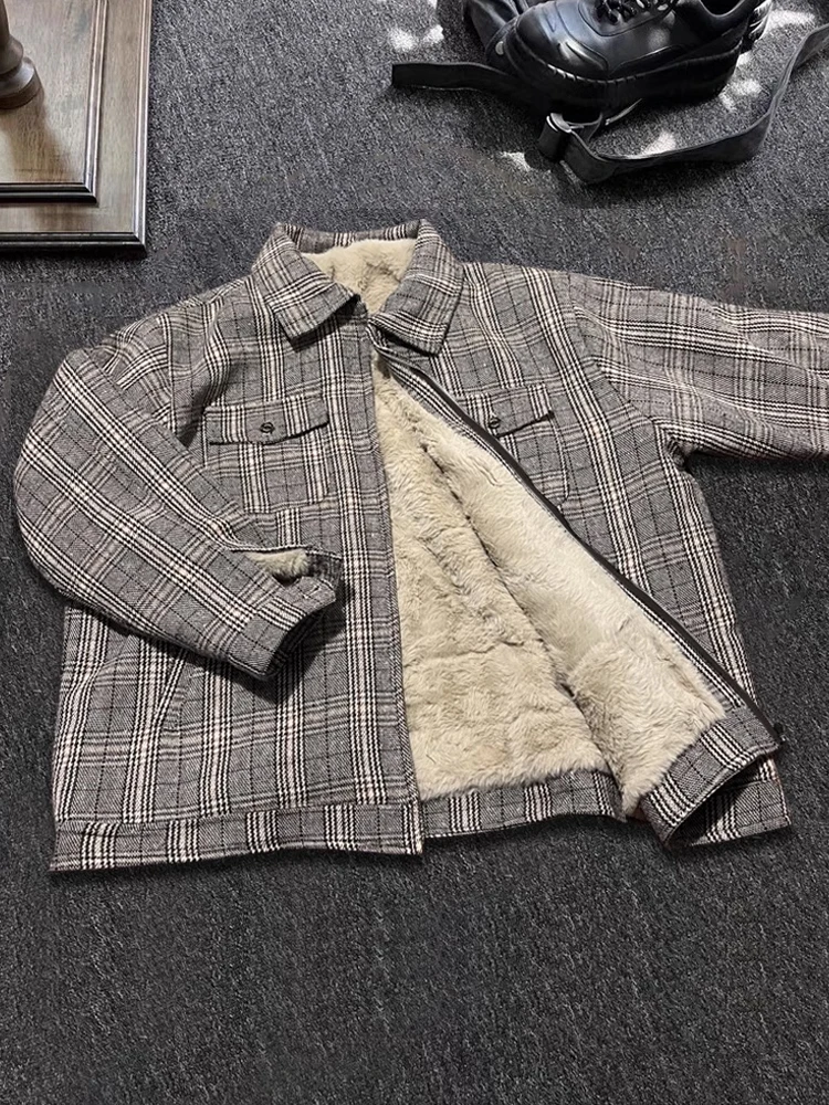 سترة قطنية قصيرة سميكة للرجال لفصل الشتاء من سوكشر، معطف صوفي مقاوم للثعالب بنقشة مربعات، دافئ ومبطن بألياف البوليستر