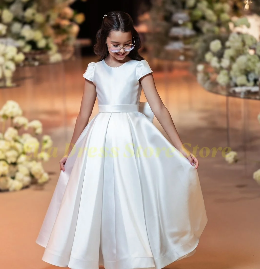 Großhandel Maßgeschneidertes Elegantes Prinzessinnen-Satin-Blumenmädchenkleid Hochzeit Prinzessin Kurzarm Elegantes Geburtstagsparty-Babykleid Maßanfertigung – Detail 1