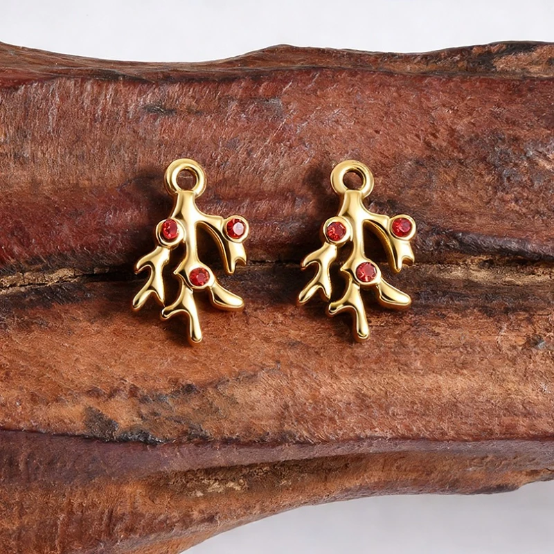 2Pcs Christmas Style 304 Stainless Steel Coral Charms Inlaid Red Rhinestones DIY Bracelet Necklace Jewelry Supplies
