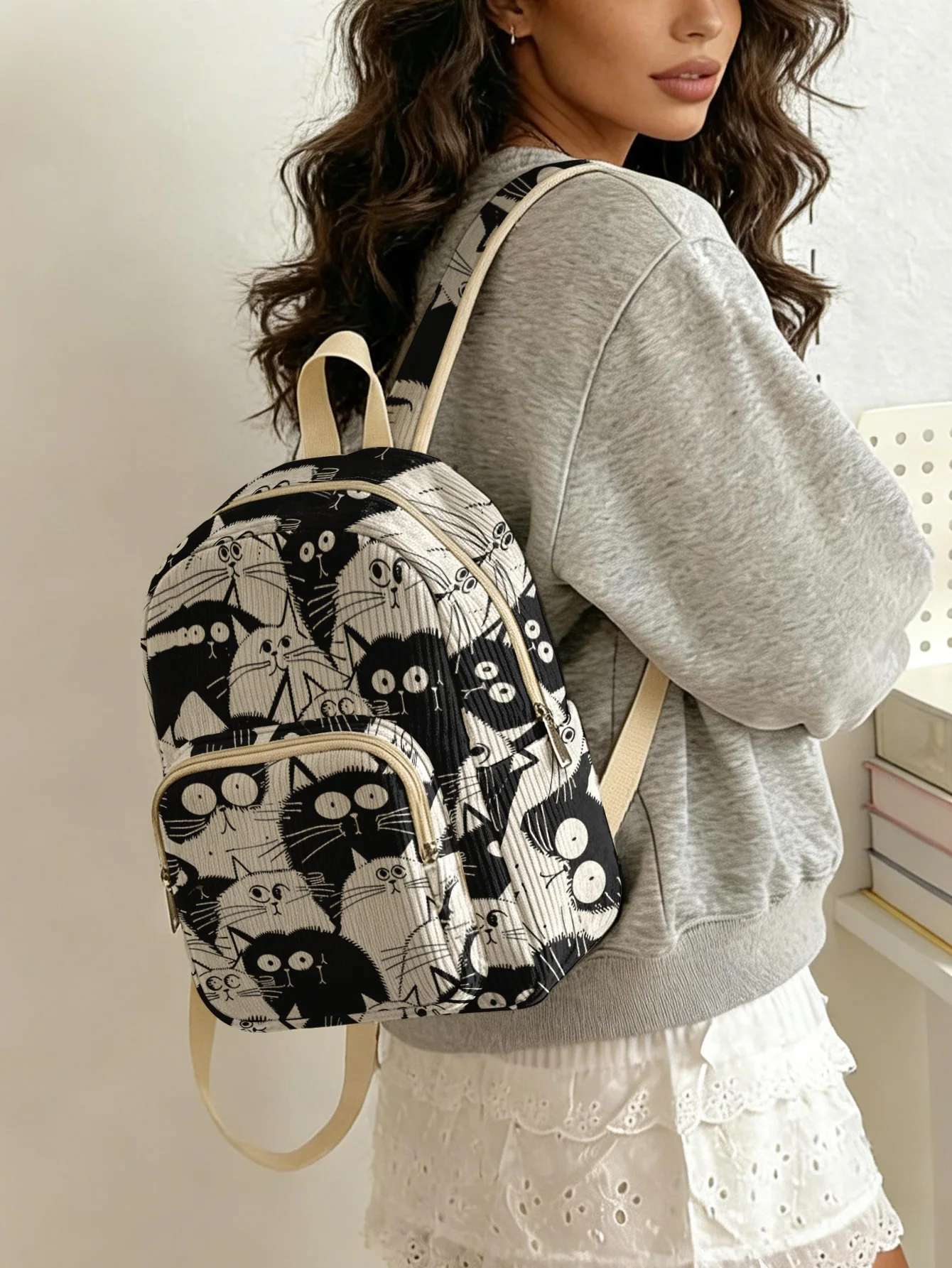 

Black & White Cartoon Cats Allover Print Women Fashion Backpack Corduroy Multi-pocket Large Capacity Commuter Bag