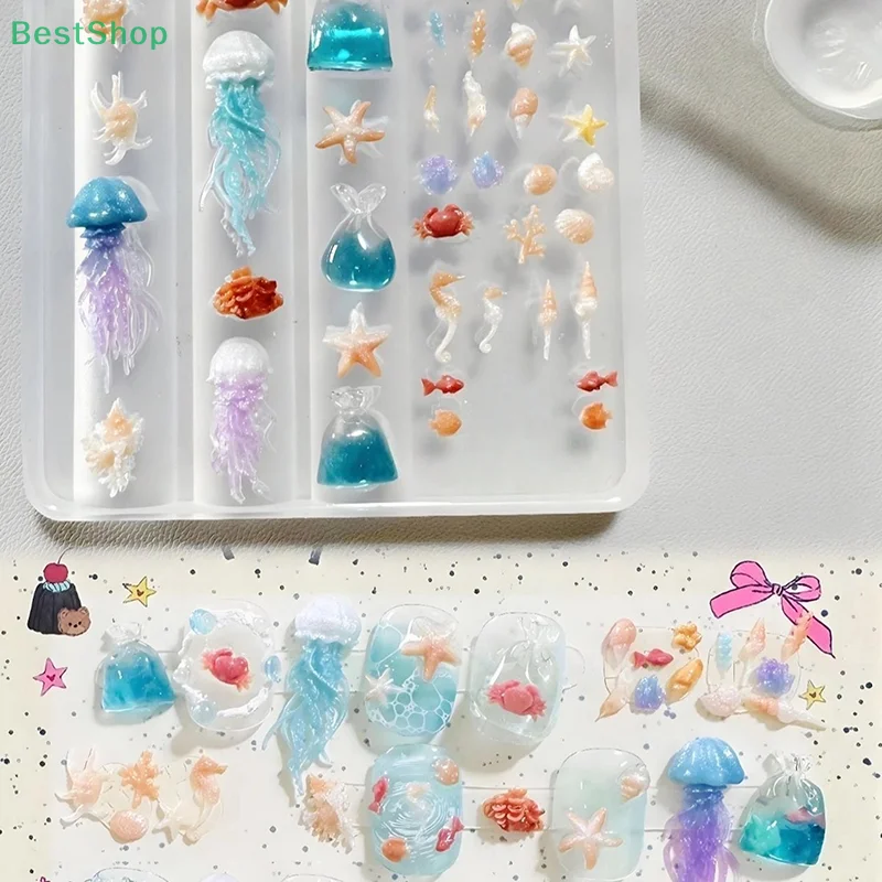 ♥ ♥ ♥ Formy silikonowe 3D do zdobienia paznokci o tematyce oceanicznej (meduzy, muszle, rybi ogon), przezroczyste szablony do manicure DIY.