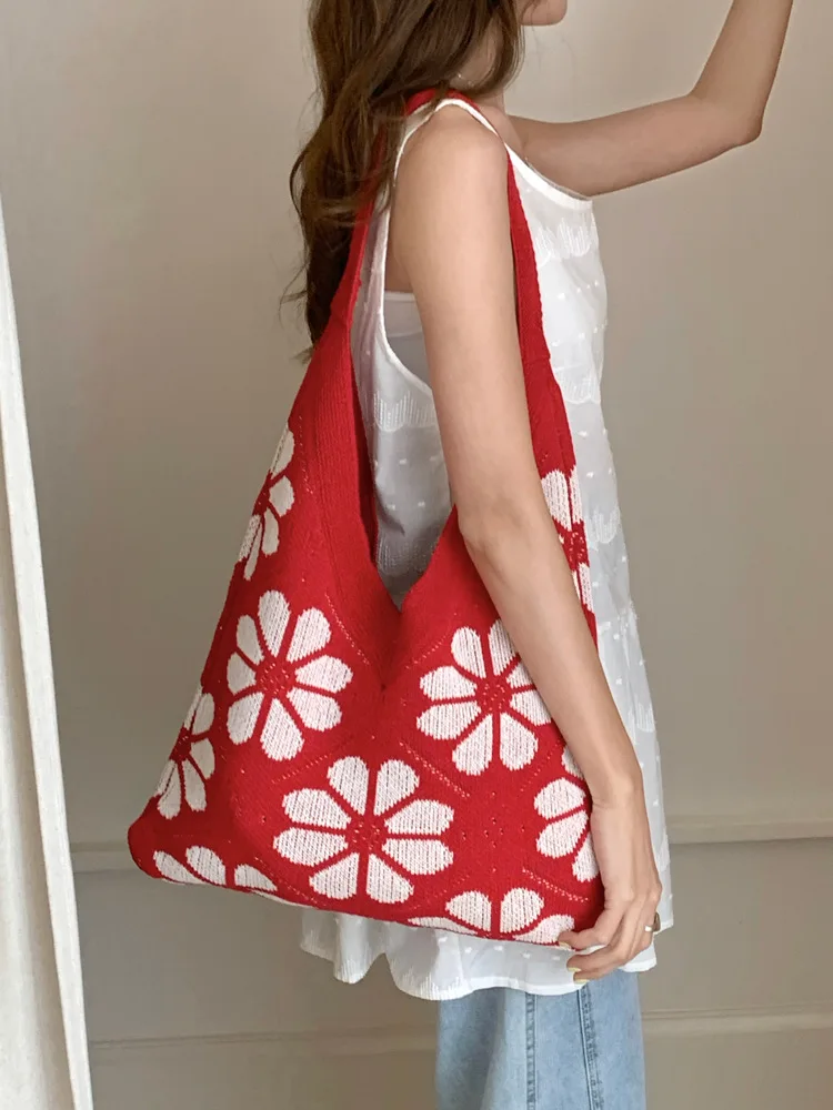 

Корейская вязаная сумка для пельменей с цветочным принтом, тканая сумка на одно плечо, большая сумка, повседневная сумка среднего размера, op Bag