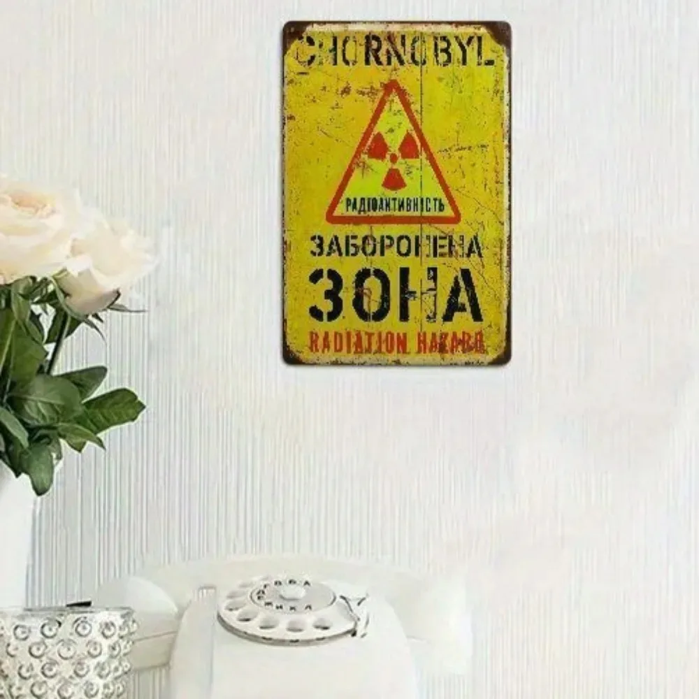 

Vintage Radiation Hazard Distressed Iron Sign – Yellow Metal Art with Embossed Trefoil & Red-Black Geometric Distressing