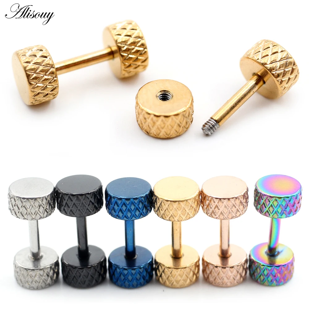 2Pieces Trendy Stainless Steel Machine Carving Cylinder Barbell Dumbbell Ear Stud Earrings Tragus Helix Piercing Jewelry