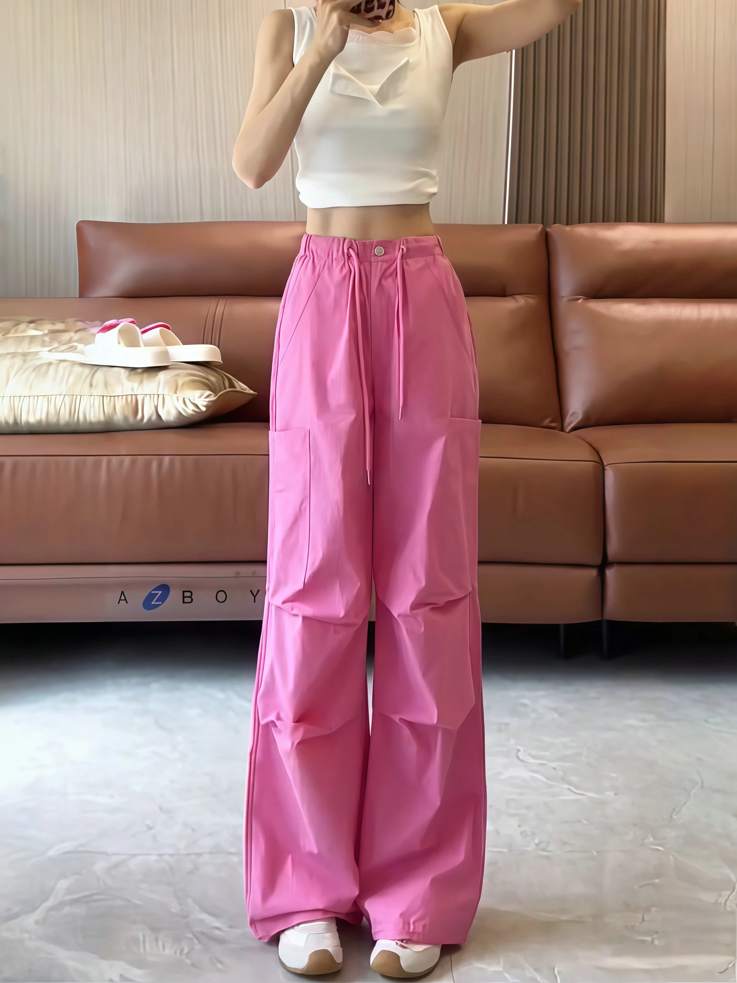 

Розовые брюки для спецодежды с высокой талией, свободные прямые повседневные брюки Qui Dry, женские летние новые длинные брюки для поездок на работу