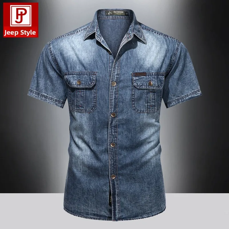 

Retro Multi-Pocket Casual Denim Shirt Thin Pure Cotton Handsome Youth Workwear Shirt Large Size Summer Travel Oxford Cloth