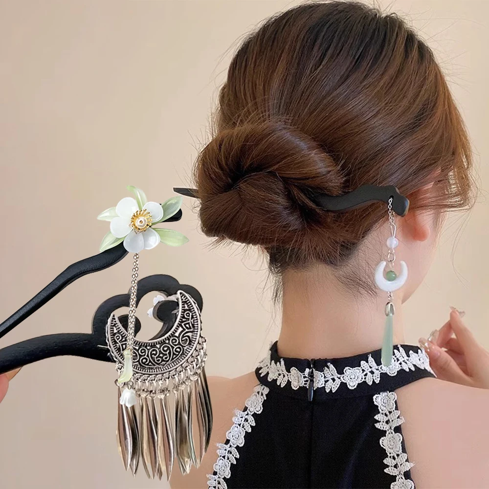 

Винтажная заколка для волос в китайском стиле с деревянной подвеской-кисточкой, цветочный дизайн, украшение для прически, женские аксессуары для волос, для хвоста