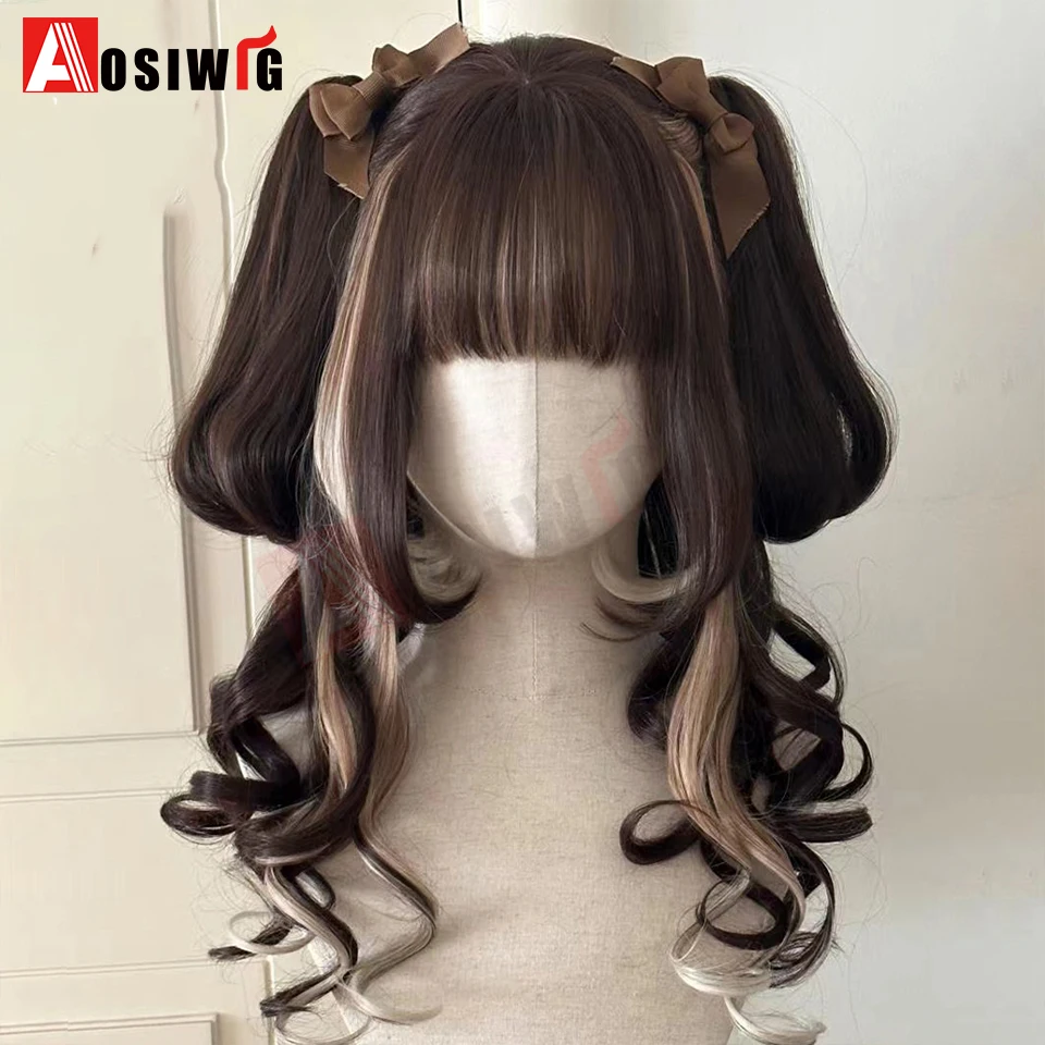 Synthetische Lolita-Perücke im Prinzessinnen-Schnitt mit doppeltem Pferdeschwanz und Pony, für Mädchen, Ombre, Blond, Braun, Weiß, Grau, Cosplay, Halloween, Harajuku-Perücke