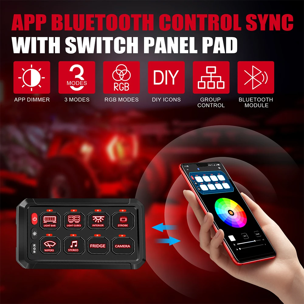 12V 8 Gang RGB APP Painel de interruptor de controle IP65 Controle de toque à prova d'água 3 modos para caminhão/off-road/barco/carro/RV