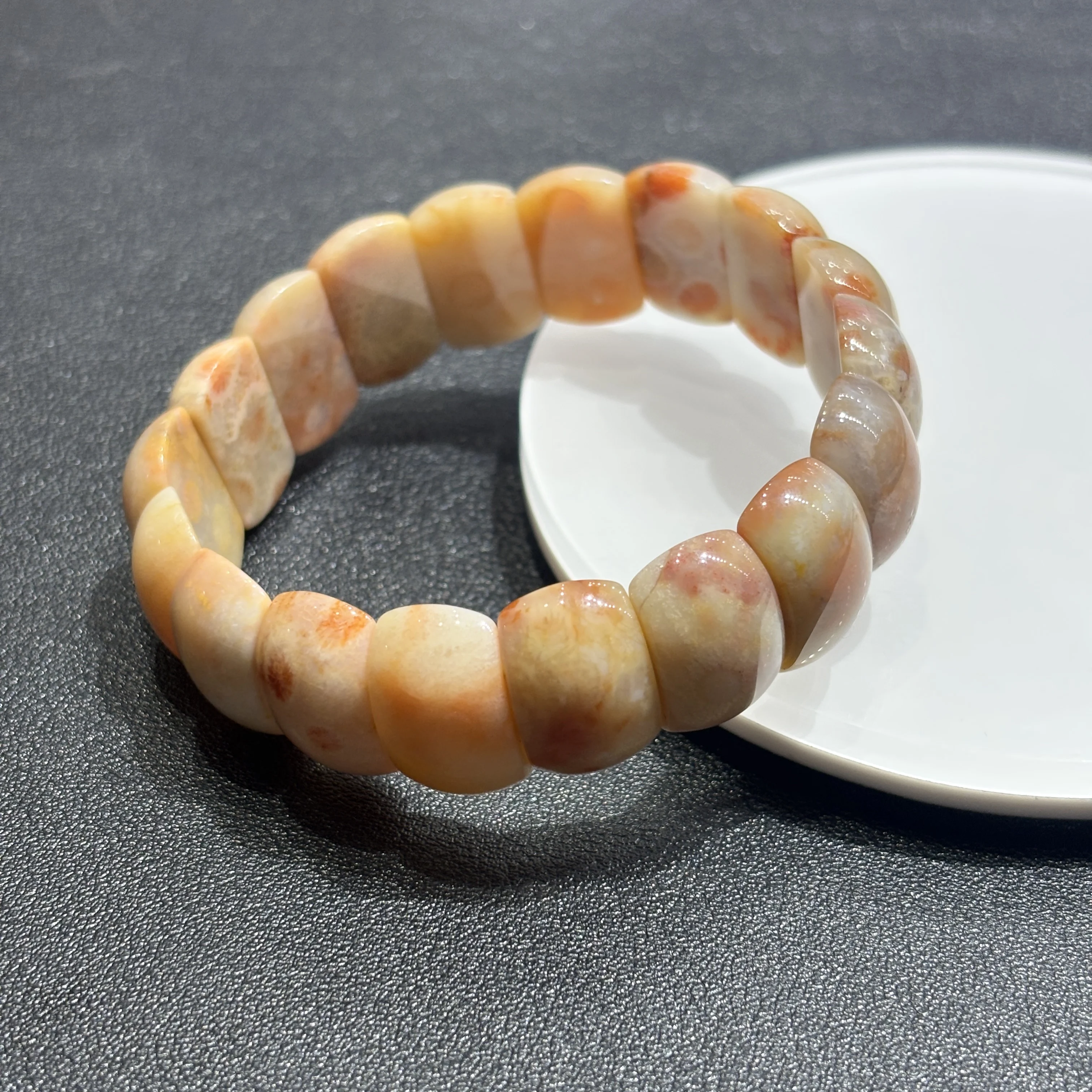 

Natural Coral Jade Quartz Tablet Bead Bracelet, Unique Pattern Jewelry, Vintage Crystal Gifts,Stackable Dainty Stone,Daily Wear