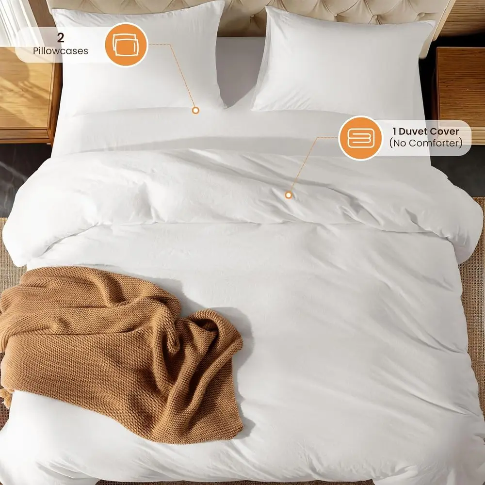 Ivory Queen Size 100% Cotton Duvet Cover Set with 2 Pillowcases and Zip Closure