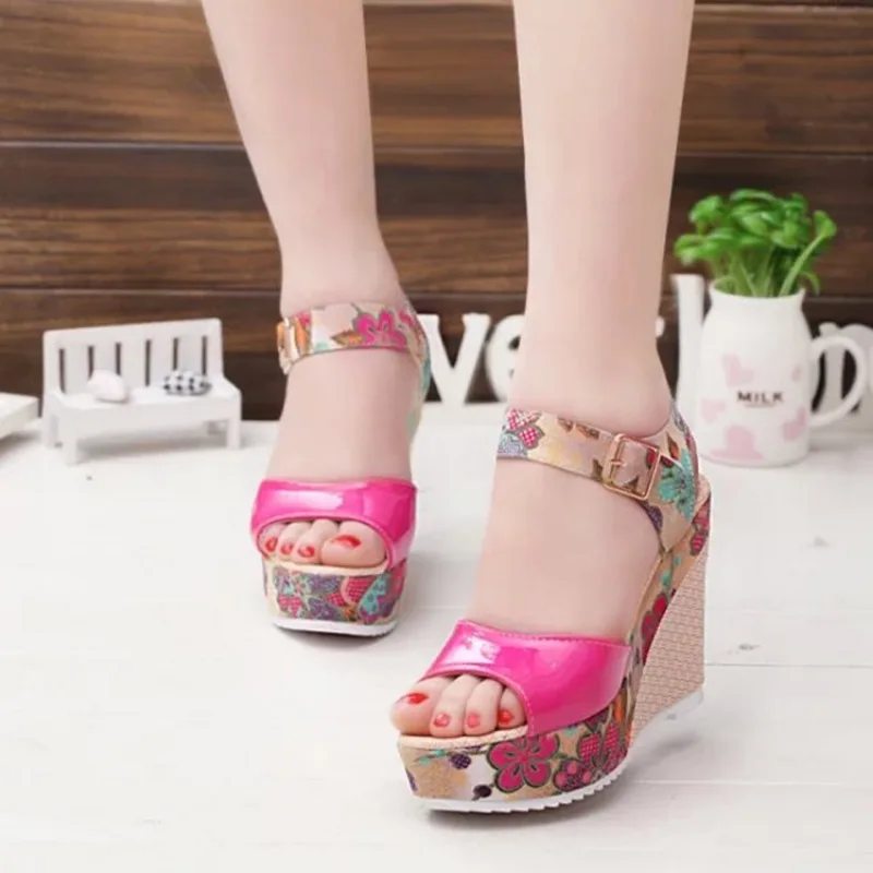 Women's Sandals Spring Summer New Thick-soled Buckle Strap Party Shoes Bohemian Color Blocking Print Fashion Women Wedge Sandals
