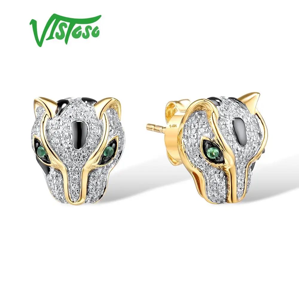 VISTOSO Gold Earrings For Women Genuine 14K 585 Yellow Gold Leopard Earrings Green Garnet Sparkling Diamond Fine Jewelry