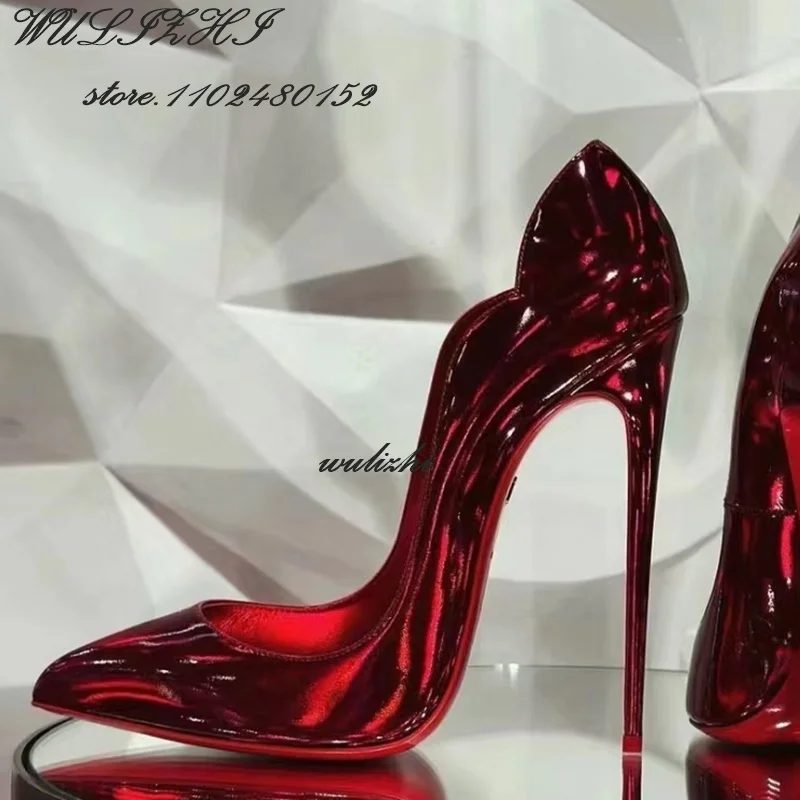 Red Shiny Mirror Sexy Heels Girl Dress Hollow Pointed Toe Sandal Spring Bling Catwalk Metallic Glitter Pump Concise Shallow Shoe