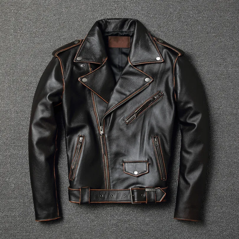 

Amekaji Leather Coat Clothes Men's Short Lapels Vintage Distressed First Layer Cowhide Casual Motorcycle Clothing Trendy